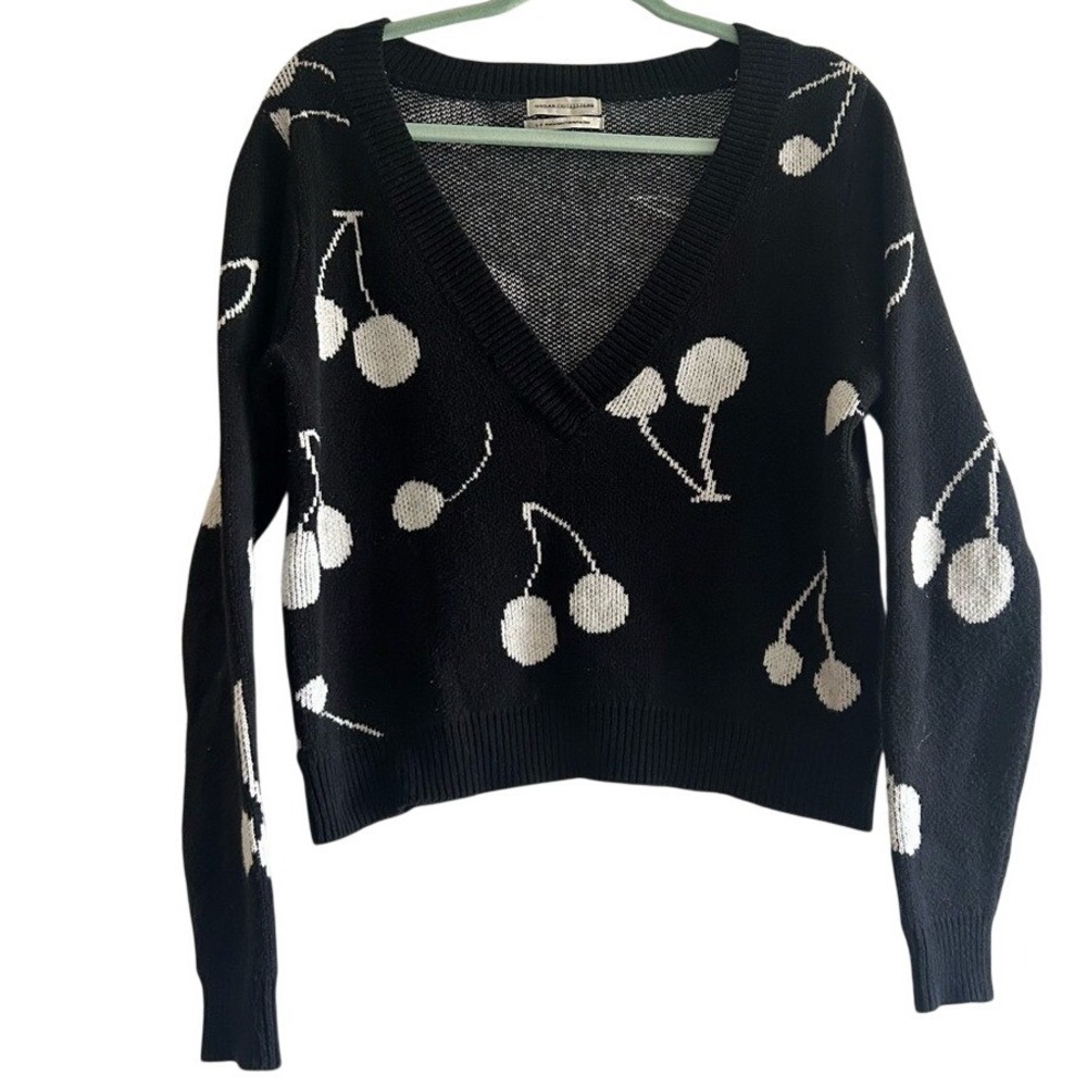 Urban Outfitters Black V-Neck Sweater with White Cherry‎ Design